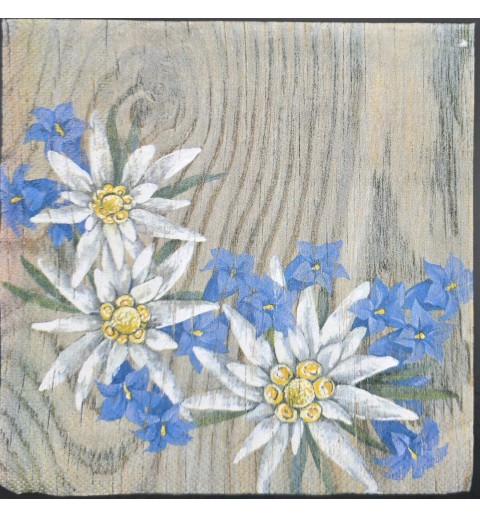 Serviette Edelweiss/Enzian/Hintergrund Holzstruktur