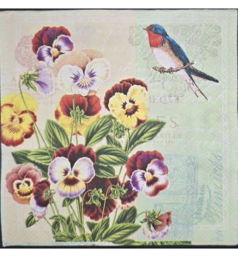 Serviette Verschiedene Stiefmütterchen/Vogel