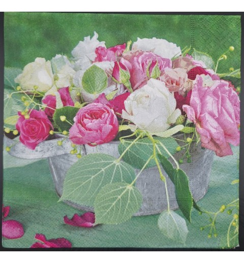 Serviette Foto Rosen in Metall Eimer pink-weiss