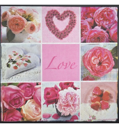 Serviette Blumen/Herz/Love pink-rosa-weiss