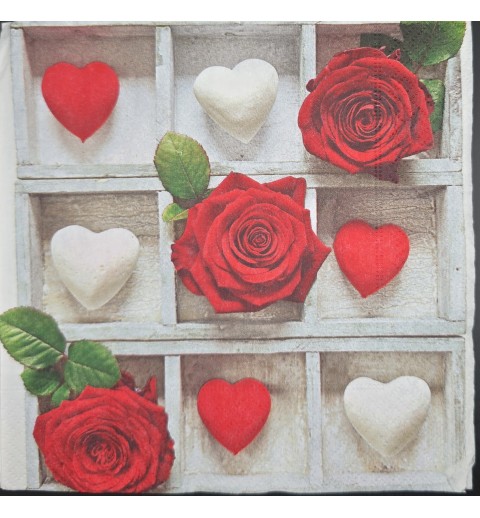 Serviette Rahmen mit Rosen und Herzen rot-weiss
