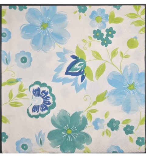 Serviette Hintergrund weiss/Blumenköpfe blau-hellblau-hellgrün