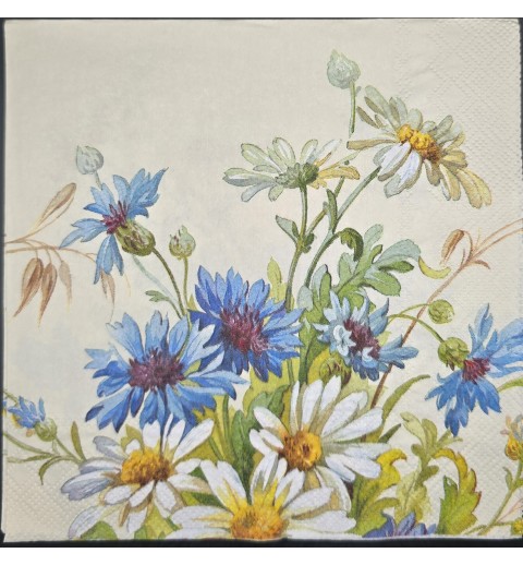 Serviette Kornblumen/Margeriten blau-weiss