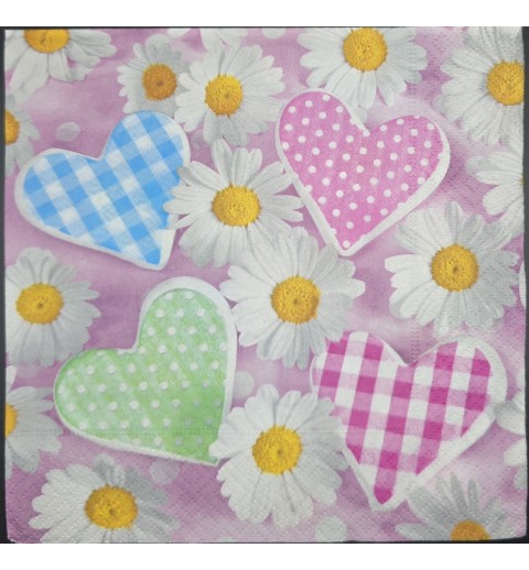 Serviette Hintergrund rosa/Margeriten/Herzen blau-pink-mint