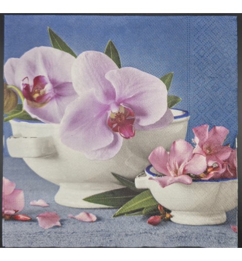 Serviette Orchideen flieder in weisser Schale