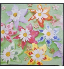 Serviette Hintergrund grün/Margeriten liegen auf bunten Blumen
