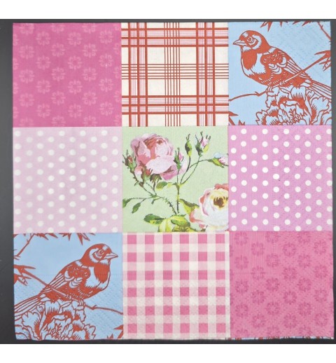 Serviette Karo und Punkt Muster/Vögel/Rose pink-rosa-rot-türkis-mint