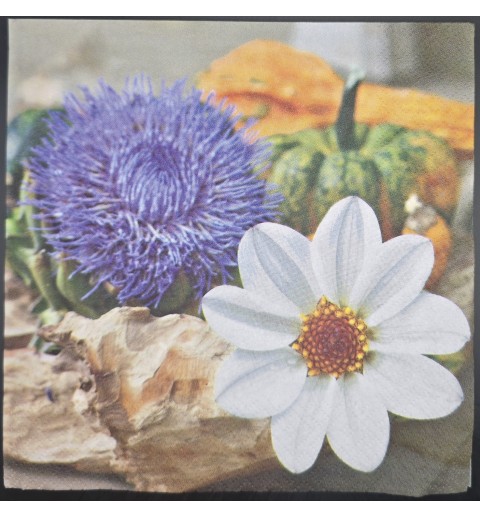 Serviette Blumen weiss-violette/Kürbisse/Stein