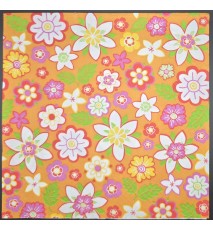 Serviette Hintergrund orange/Blumenköpfe weiss-pink-grün-gelb