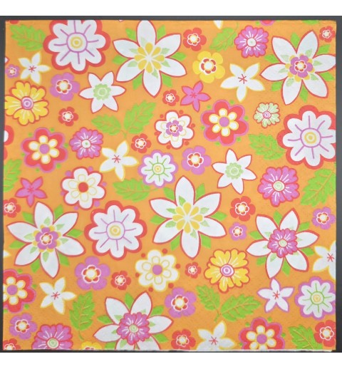 Serviette Hintergrund orange/Blumenköpfe weiss-pink-grün-gelb