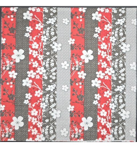 Serviette Hintergrund rot-grau-weiss gestreift/weisse Blumen