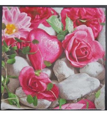 Serviette Rosen/Herz/Steine pink-hellgrau