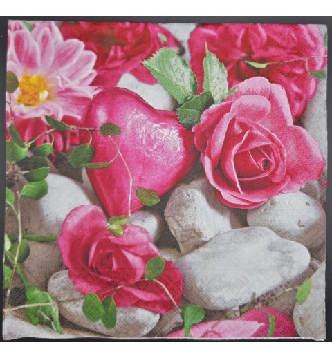 Serviette Rosen/Herz/Steine pink-hellgrau