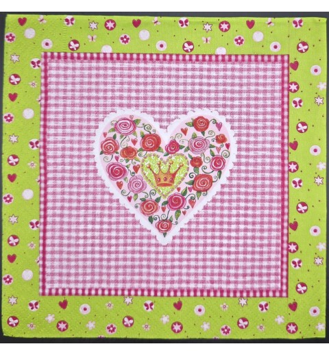 Serviette Blumenherz/Karo Muster hellgrün-weiss-pink