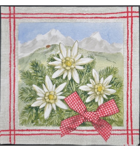 Serviette Drei Edelweiss/Berge/Karierte Masche