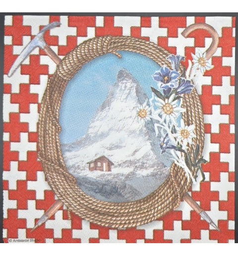 Serviette Matterhorn/Edelweiss/ovaler Rahmen/Schweizer Kreuze