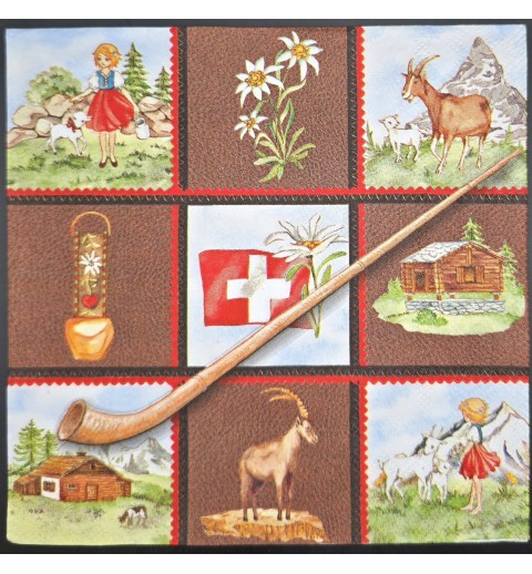 Serviette Alphorn/Edelweiss/Schellen/Ziege rot-weiss-braun-grün