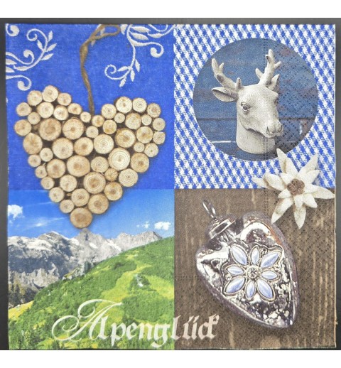 Serviette Edelweiss/Hirsch/Holz Herz blau-weiss-grün-braun-