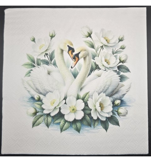 Serviette Hintergrund weiss/zwei Schwäne und Blumen weiss-grün