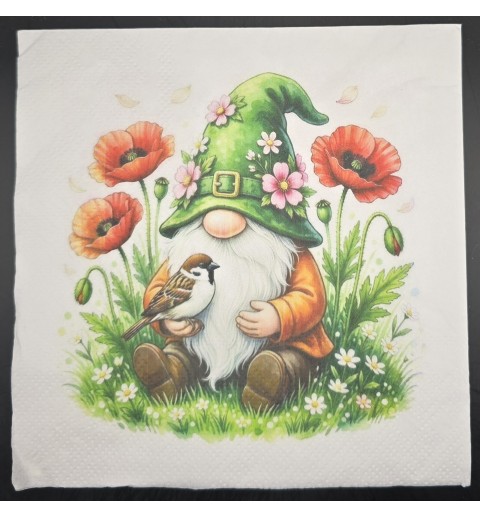 Serviette Sitzender Wichtel mit Vogel und Mohnblumen grün-rot-weiss