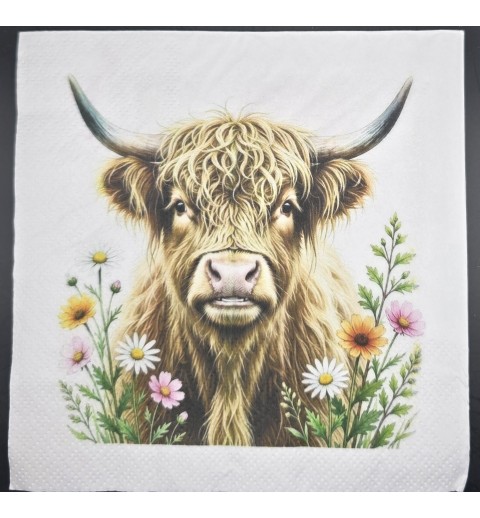 Serviette Hochlandrind Kopf/Blumen