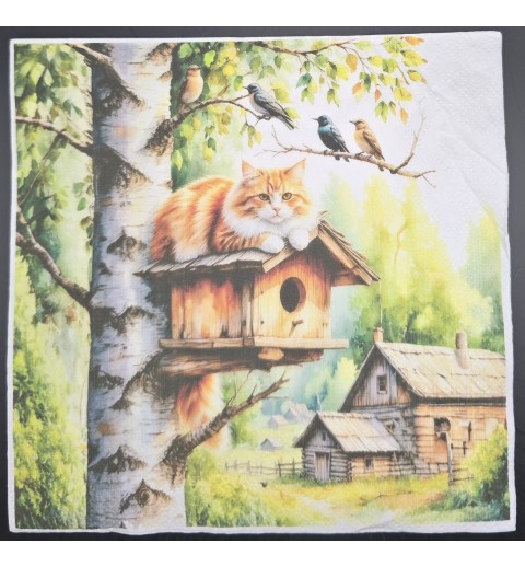 Serviette Katze auf Vogelhäuschen/Baum/Vögel/Haus
