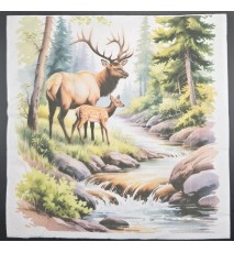 Serviette Hirsch und Rehkitz am Bach im Wald