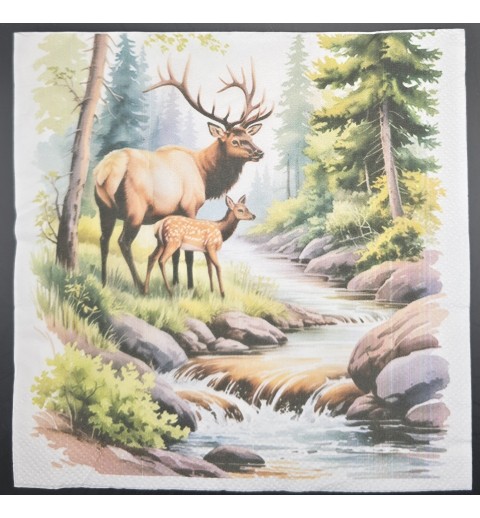 Serviette Hirsch und Rehkitz am Bach im Wald