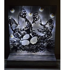 Schild stehend Metall Hühner im Nest mit Eiern und Leds