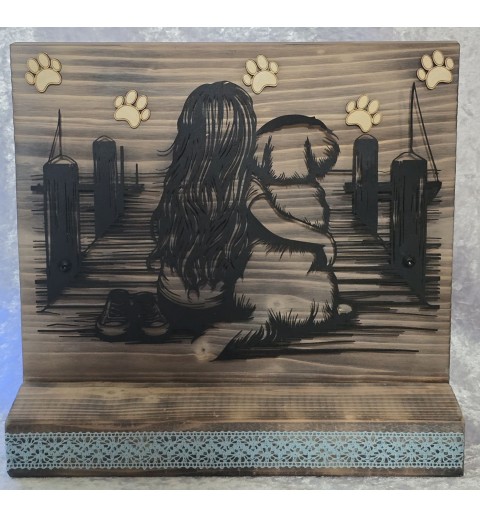 Schild stehend Metall Hund und Mädchen und Leds
