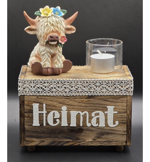 Teelicht mit Klötzchen Hochlandrind creme/Heimat