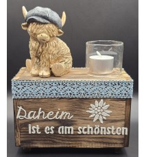 Teelicht mit Klötzchen Hochlandrind mit Mütze/Daheim ist es....