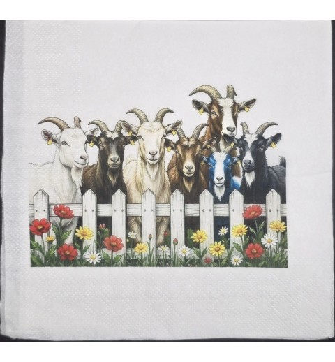 Serviette Ziegen hinter weissem Gartenzaun/Blumen