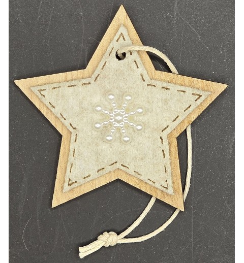 Holz Stern mit Filz und Schneeflocke creme