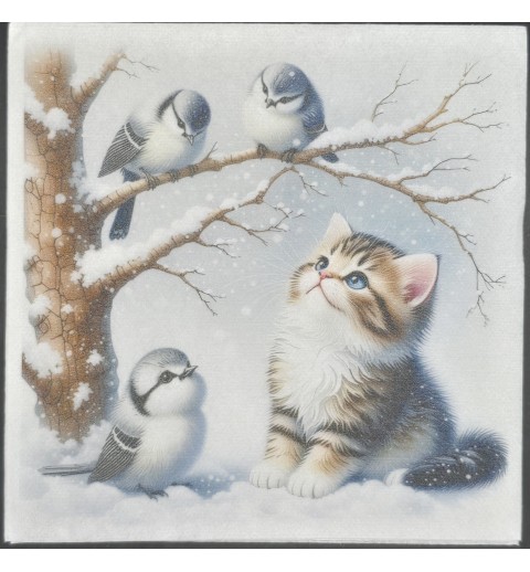 Serviette Katze/Vögel/Baum/Schnee