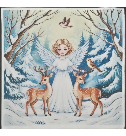 Serviette Engel mit zwei Rehkitz/Wald/Schnee