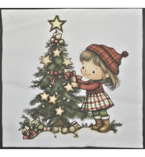 Serviette Mädchen schmückt Weihnachtsbaum