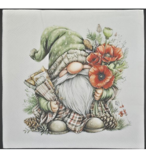 Serviette Wichtel mit grüner Mütze und roten Mohnblumen