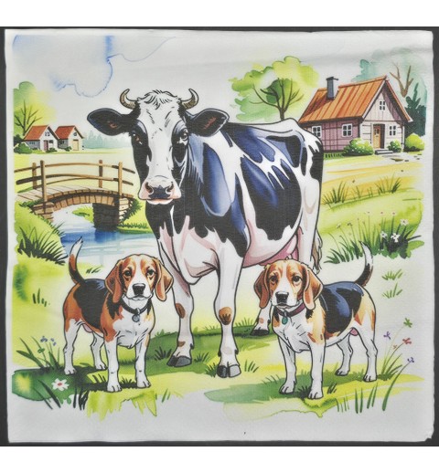 Serviette Kuh mit zwei Hunden/Brücke/Haus