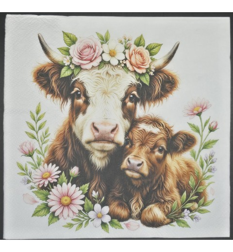 Serviette Hochlandrind mit Jungem/Blumen