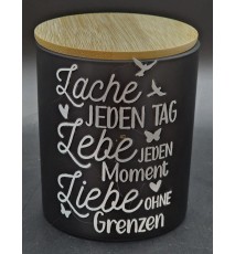 Kerze im Glas mit Deckel schwarz "Lache jeden Tag...."