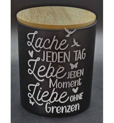 Kerze im Glas mit Deckel schwarz "Lache jeden Tag...."