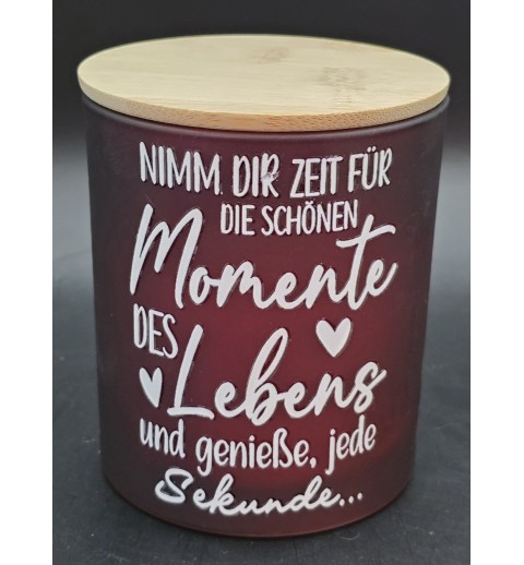 Kerze im Glas mit Deckel bordeaux "Nimm Dir Zeit..."