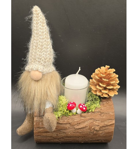 Teelicht Baumstamm/Wichtel beige