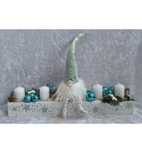 Weihnachts-Kistchen Wichtel mint/Kerzen im Glas weiss