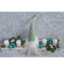 Weihnachts-Kistchen Wichtel mint/Kerzen im Glas weiss