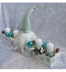 Weihnachts-Kistchen Wichtel mint/Kerzen im Glas weiss