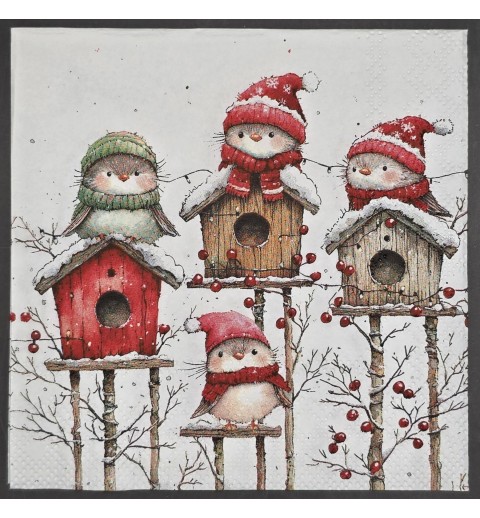 Serviette Vögel auf Vogelhäuschen/Schnee