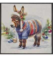 Serviette Esel mit Mütze und Winterpullover/Schnee
