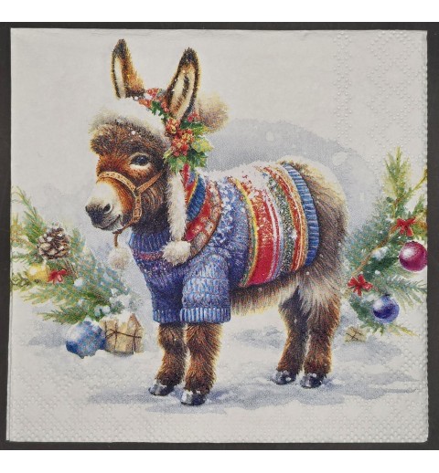Serviette Esel mit Mütze und Winterpullover/Schnee